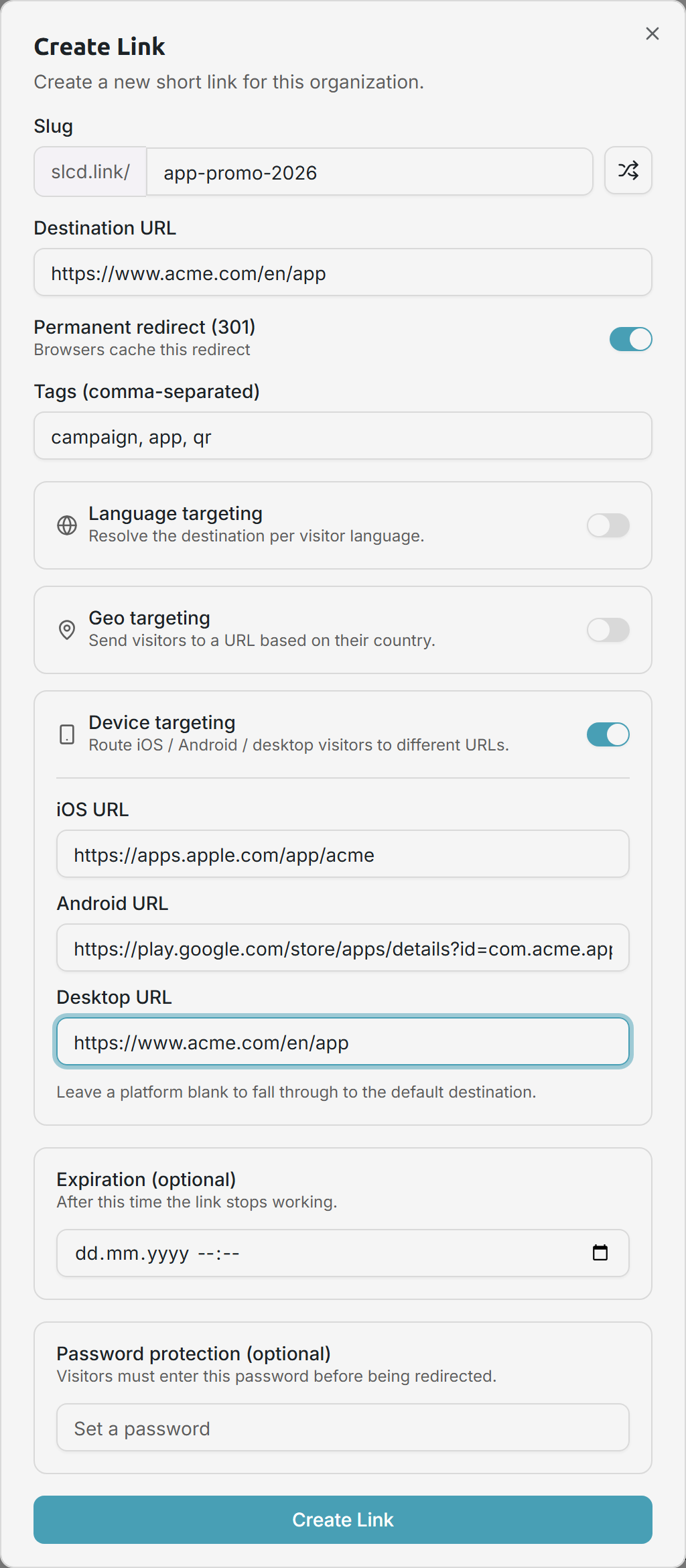 Creating a link with device targeting