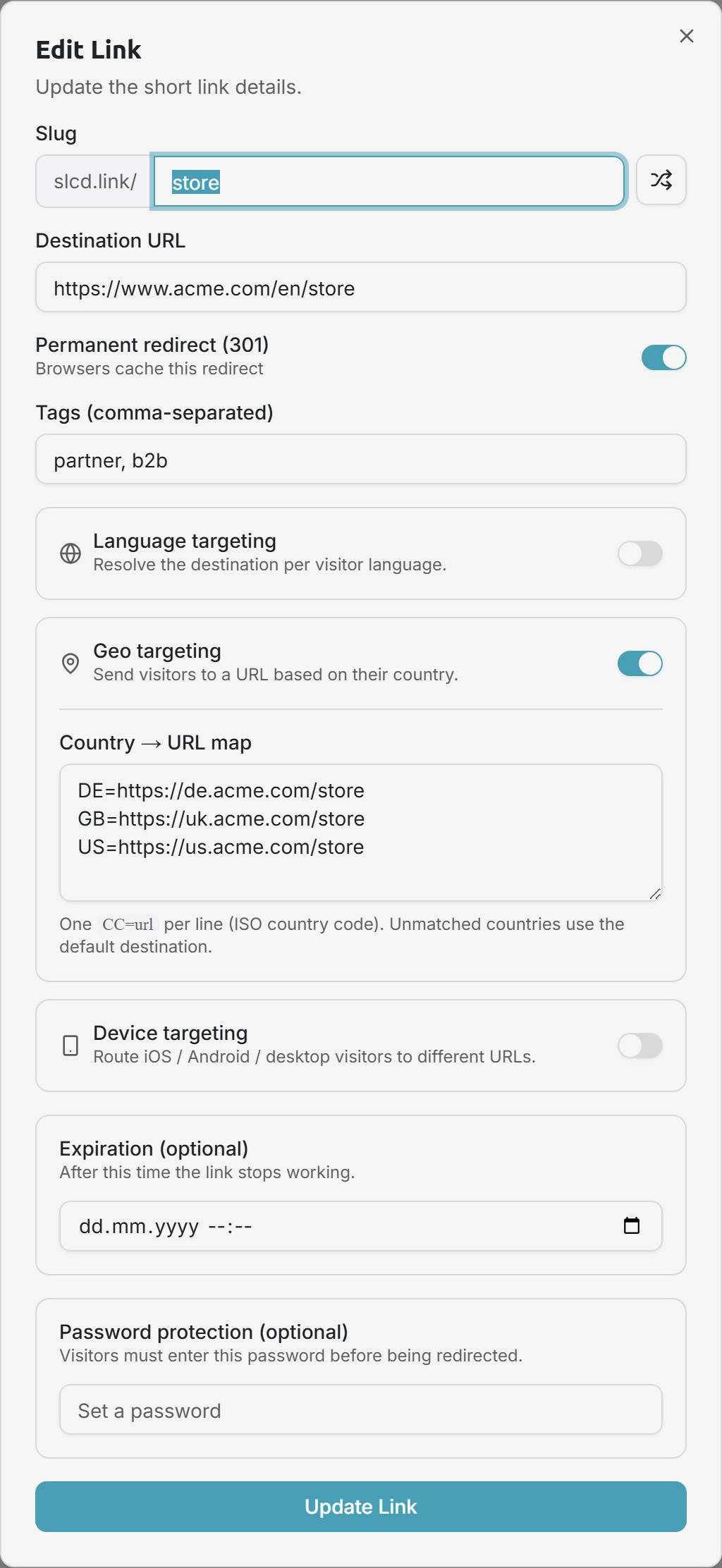 Country-based targeting configuration