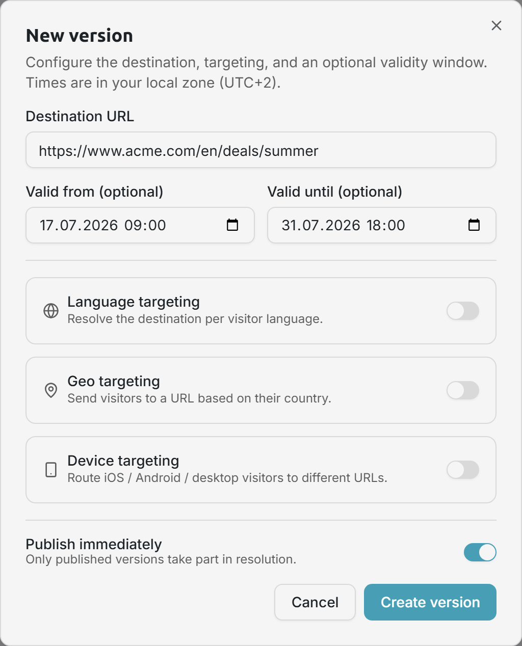 Scheduling a new version with a validity window